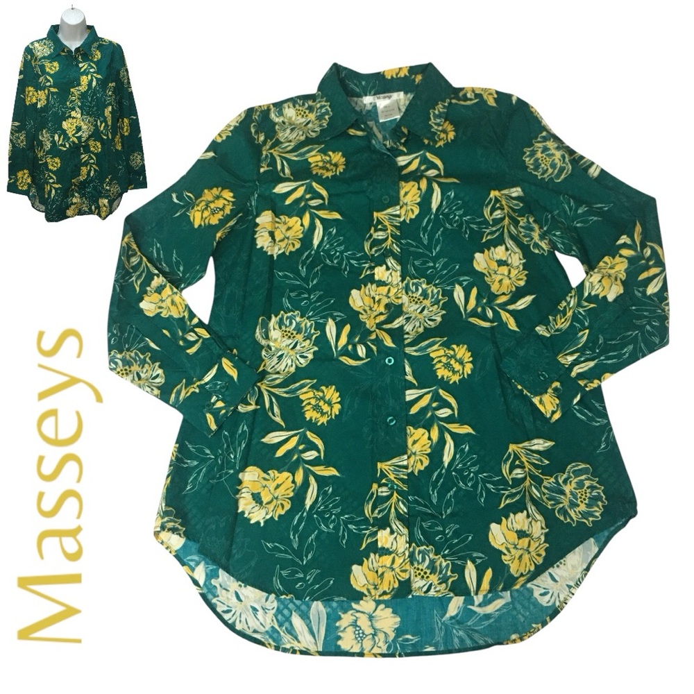 Masseys Green Yellow Floral Button Down Tunic Top Shirt - Women’s 12 NWOT - Picture 10 of 10